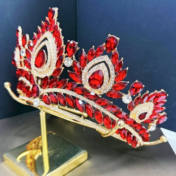 Quinceanera Crown, Ruby Rhinestone Crown, Large Size Crown, Gold Crystal Crown main image 6